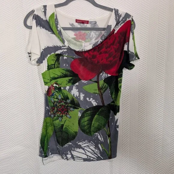 San Francisco Lightweight Knit Floral Print Top Cowl Neck Sleeve Ties Medium - Picture 10 of 12